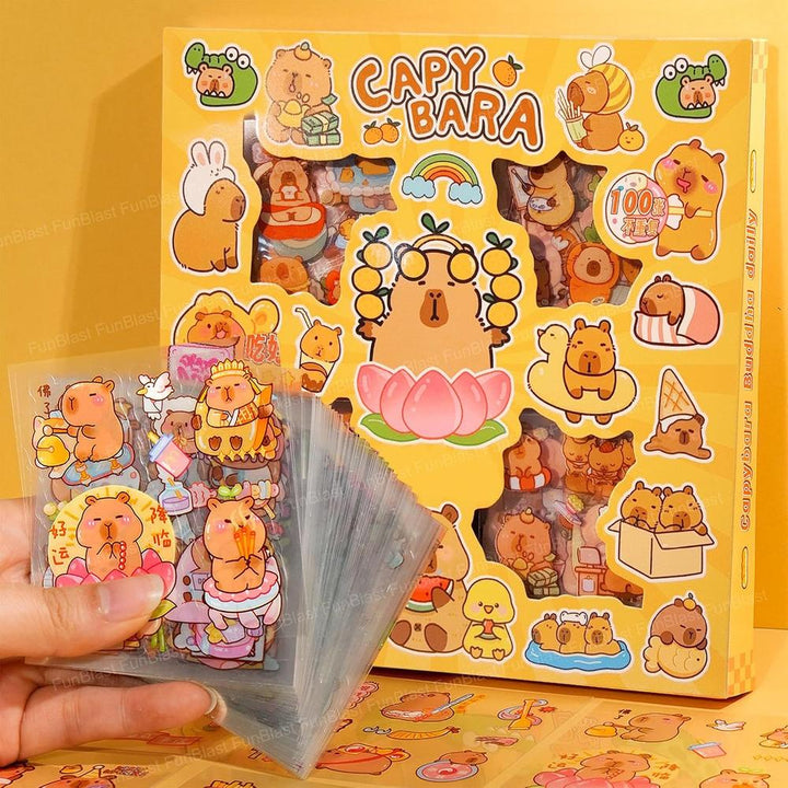 FunBlast Capybara Theme PET Stickers | 100 Sheets | 500+ Kawaii Japanese-Style Self-Adhesive Stickers