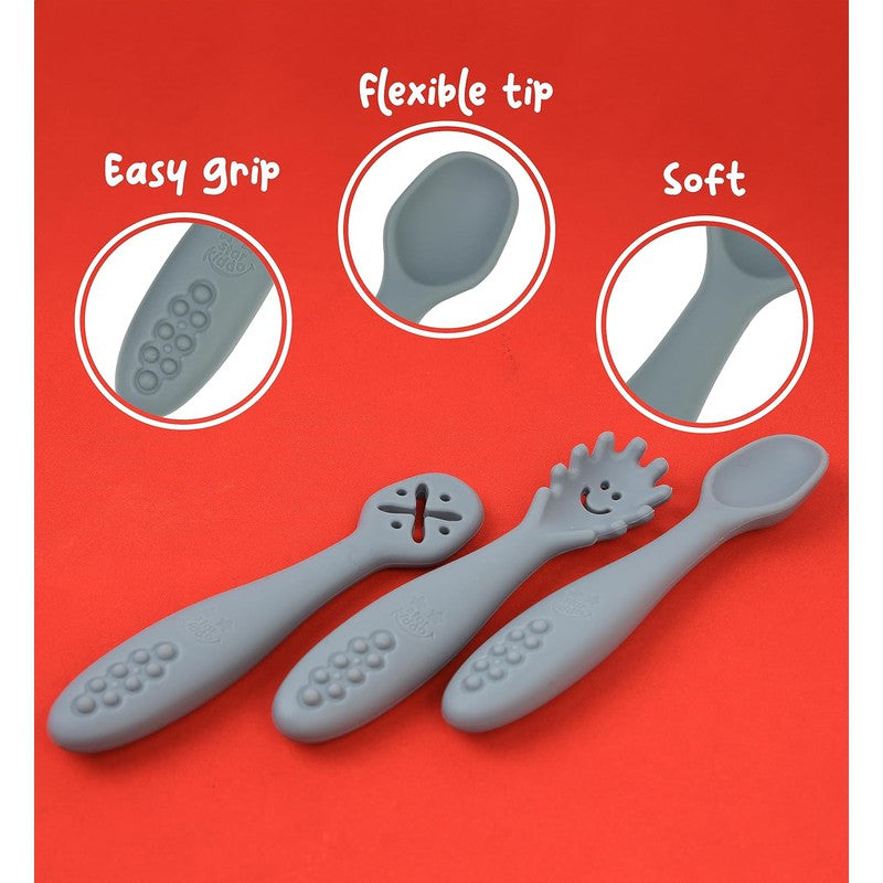 3Pcs Silicon Baby Fork and Spoon Set | Baby Weaning Spoon Set | Self Feeding (Grey)