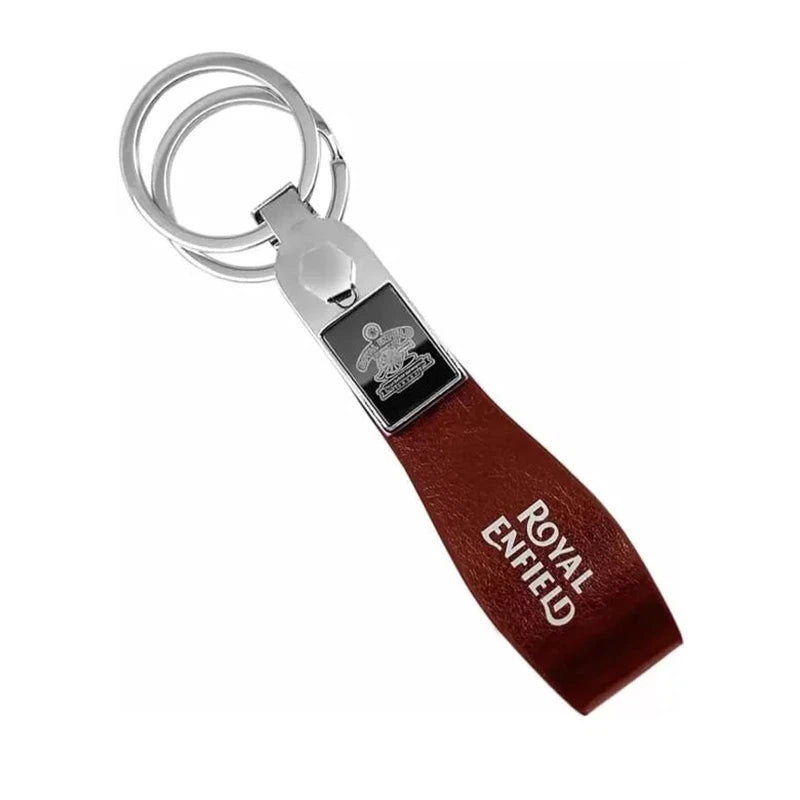 Royal Enfield Keychain Car Logo Leather Metal Keyring - Brown