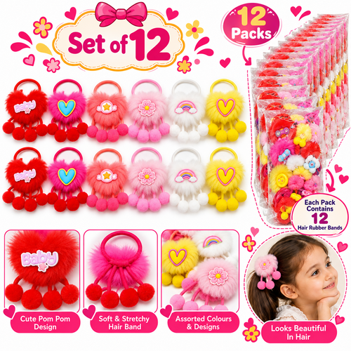 Set of 12 Pom Pom Hair Rubber Bands – Assorted Colour Fluffy Hair Accessories for Girls | Kanjak Special