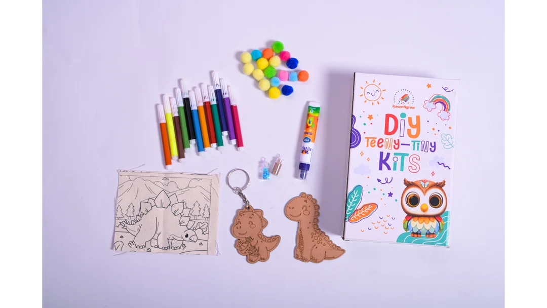 Ilearnngrow Dino Rakhi Combo – DIY Dinosaur Painting Kit | Dino Keychain, Fridge Magnet, Canvas Painting & Dino Rakhi