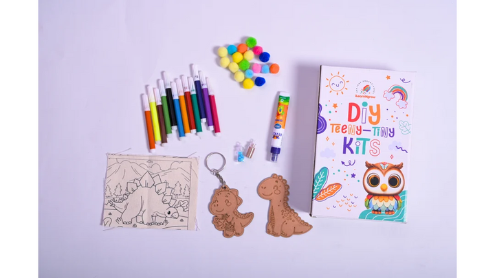 Ilearnngrow Dino Rakhi Combo – DIY Dinosaur Painting Kit | Dino Keychain, Fridge Magnet, Canvas Painting & Dino Rakhi