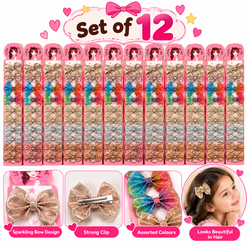 Set of 12 Sparkling Bow Sets – 10 Pieces Each in Assorted Colours | Glittery Hair Accessories for Girls | Kanjak Special