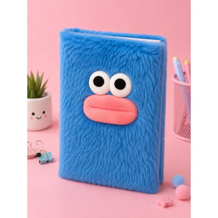 Blue Fluffy Plush A5 Notebook | Cartoon Theme Ruled Journal for Kids | Soft Furry Writing Diary