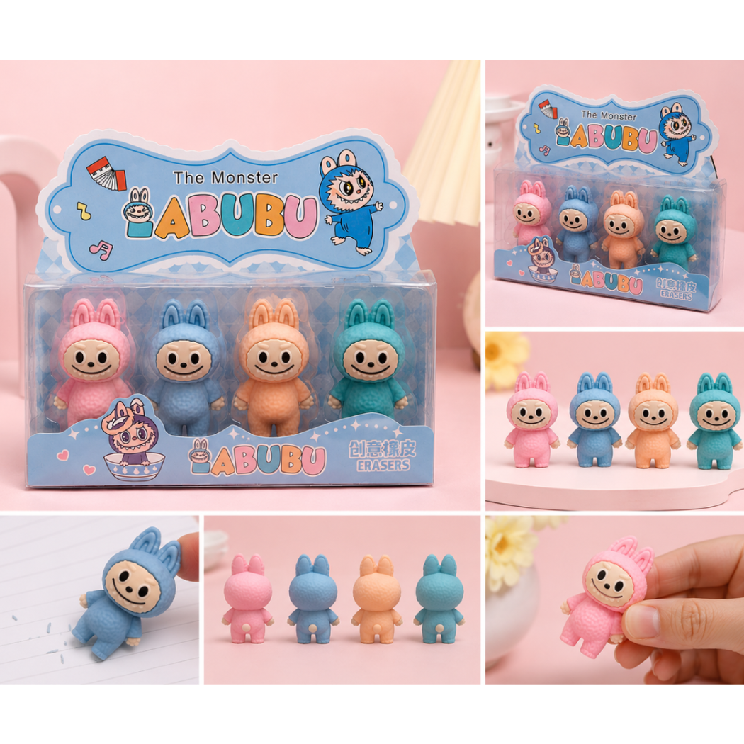 Pack of 4 Colourful Labubu Doll Erasers