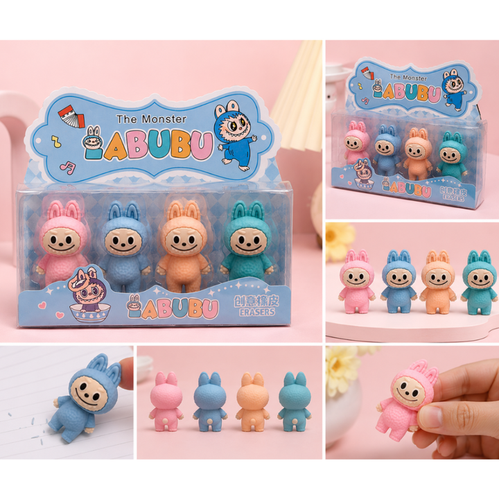 Pack of 4 Colourful Labubu Doll Erasers