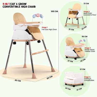 4 in 1 Nora Convertible High Chair for Kids with Adjustable Height and Footrest, Baby Toddler Feeding Booster Seat with Tray, Wheels, Safety Belt and Cushion