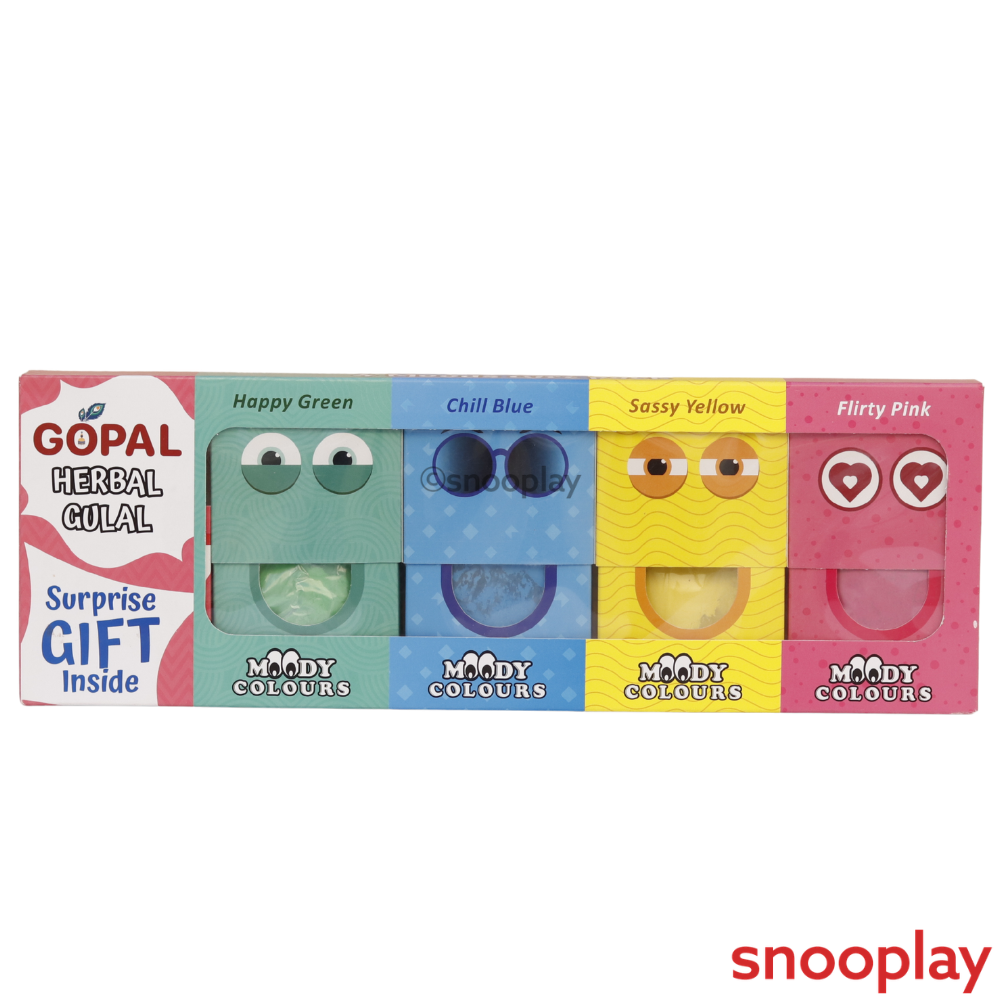 Gopal Herbal Gulal Kit - 4 Gulal (French Perfume Fragrance) & 1 Surprise Gift Inside | Moody Colors