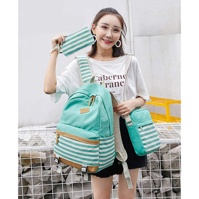 Green stripes Backpack with Lunch Bag & Stationery Pouch (Mint Green)