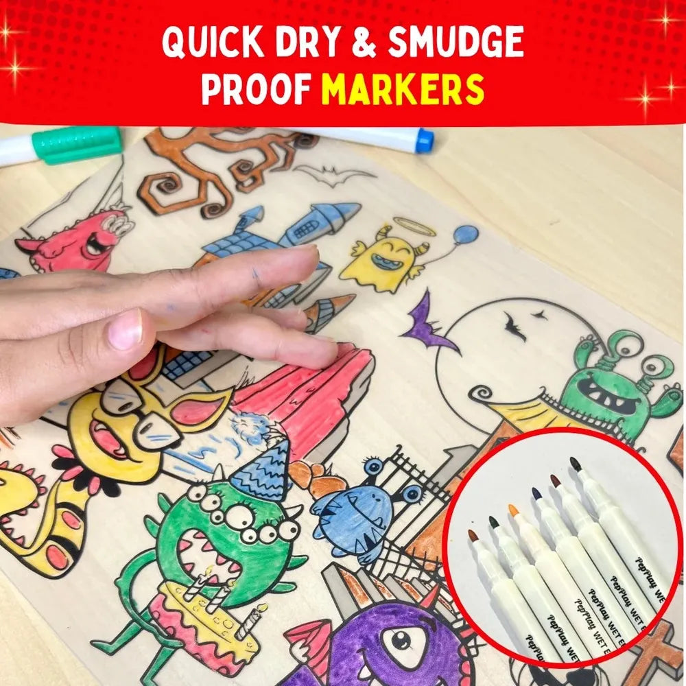 PepPlay Recolourables Colour & Wipe Placemats - Super Power | Reusable Wet-Erase Colouring