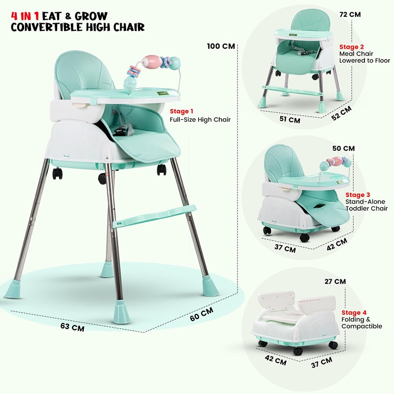 4 in 1 Nora Convertible High Chair for Kids with Adjustable Height and Footrest, Baby Toddler Feeding Booster Seat with Tray, Wheels, Safety Belt and Cushion