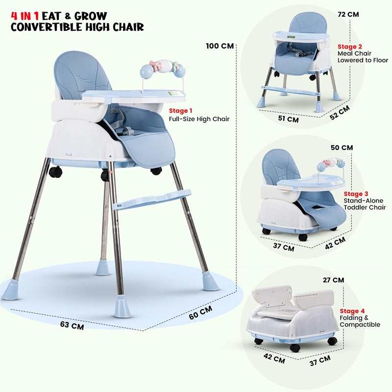 4 in 1 Nora Convertible High Chair for Kids with Adjustable Height and Footrest, Baby Toddler Feeding Booster Seat with Tray, Wheels, Safety Belt and Cushion