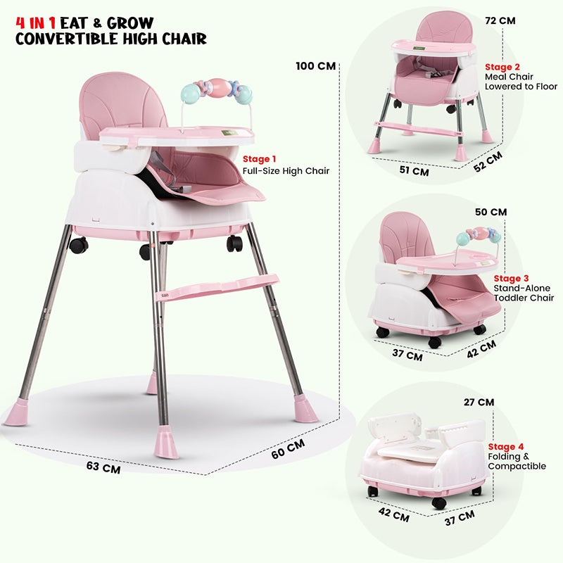 4 in 1 Nora Convertible High Chair for Kids with Adjustable Height and Footrest, Baby Toddler Feeding Booster Seat with Tray, Wheels, Safety Belt and Cushion