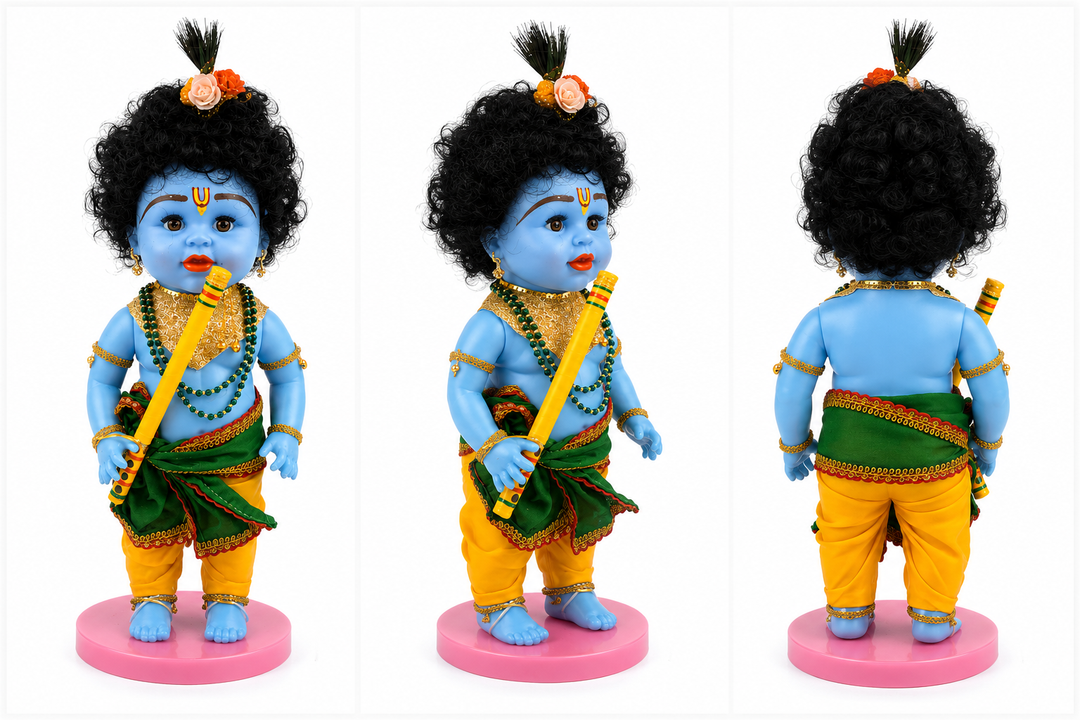 Speedage Bal Krishna Doll - Blue Skin Tone with Traditional Attirer Display Case