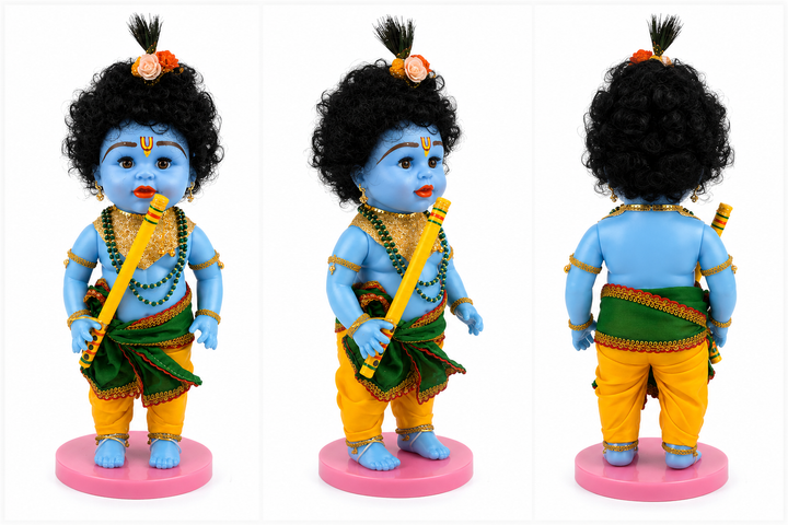 Speedage Bal Krishna Doll - Blue Skin Tone with Traditional Attirer Display Case
