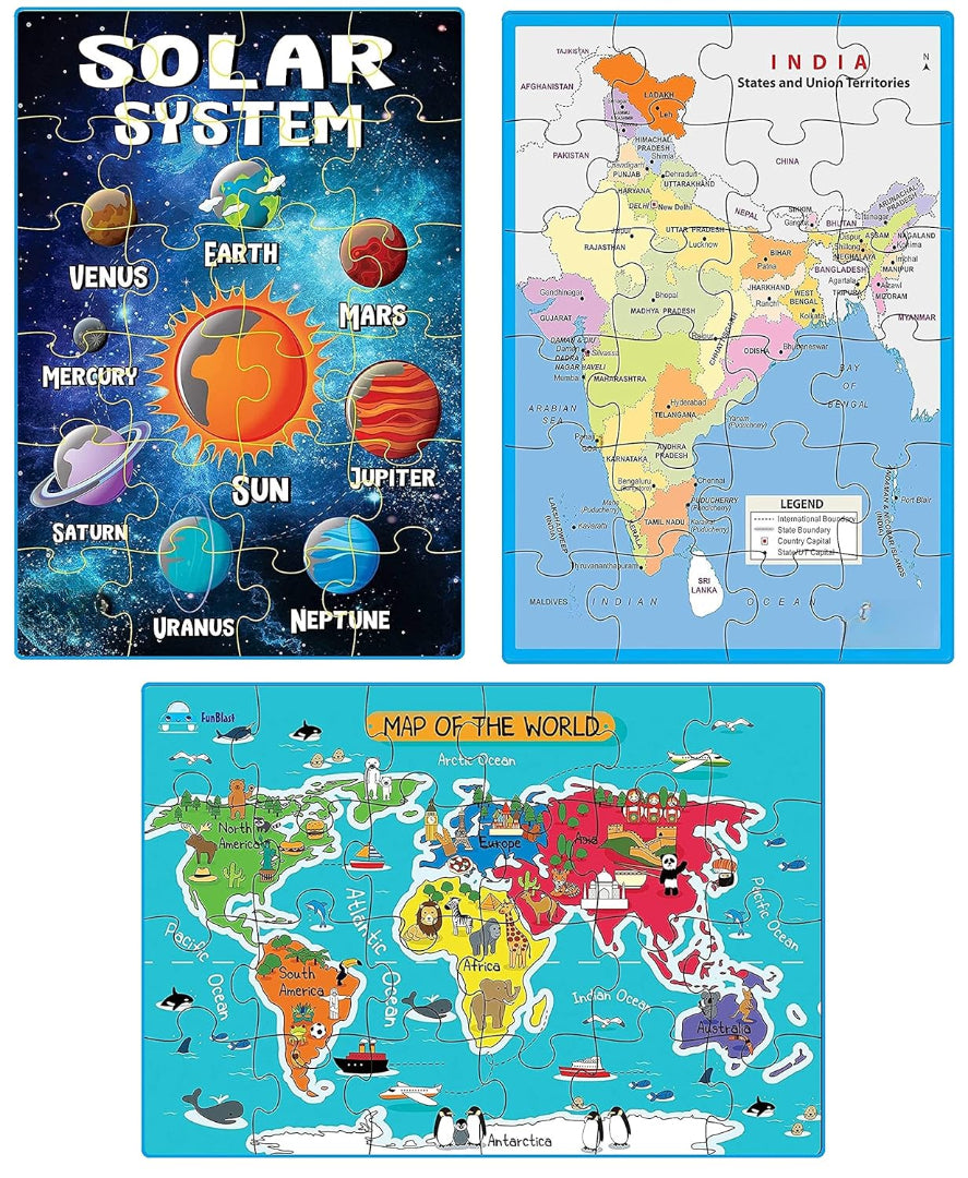 FunBlast 3 In 1 Jigsaw Puzzle - Solar System, Map Of India & World Map | 72 Pieces