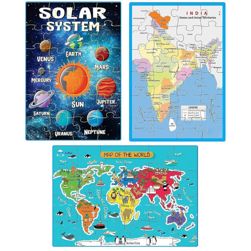 FunBlast 3 In 1 Jigsaw Puzzle - Solar System, Map Of India & World Map | 72 Pieces