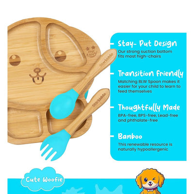 Woofie Baby Plate | Bamboo Suction Plates for Babies | Ideal for Baby-Led Weaning and Toddler Self-Feeding | Blue