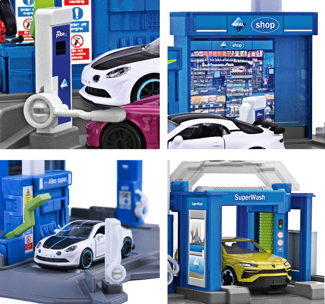 Original Licensed Majorette ARAL Petrol Station Playset with Fuel Tanker | 6 Parking Spaces, Car Wash & EV Charger