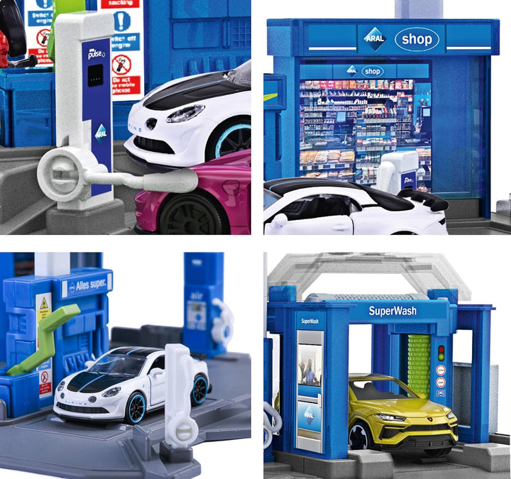 Original Licensed Majorette ARAL Petrol Station Playset with Fuel Tanker | 6 Parking Spaces, Car Wash & EV Charger