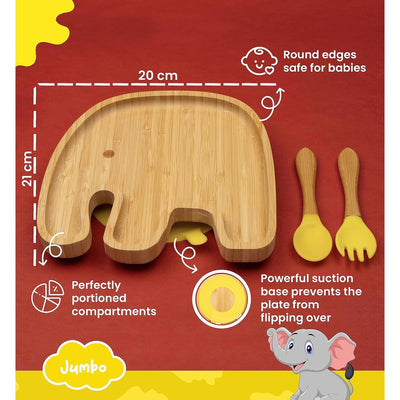 Jumbo Bamboo Suction Plates for Baby and Toddler | Weaning Spoon & Fork |Yellow