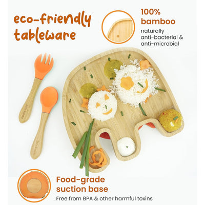 Jumbo Bamboo Suction Plates for Baby and Toddler | Weaning Spoon & Fork | Orange