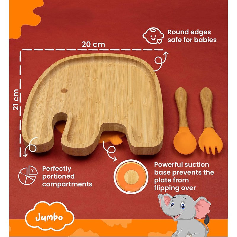 Jumbo Bamboo Suction Plates for Baby and Toddler | Weaning Spoon & Fork | Orange