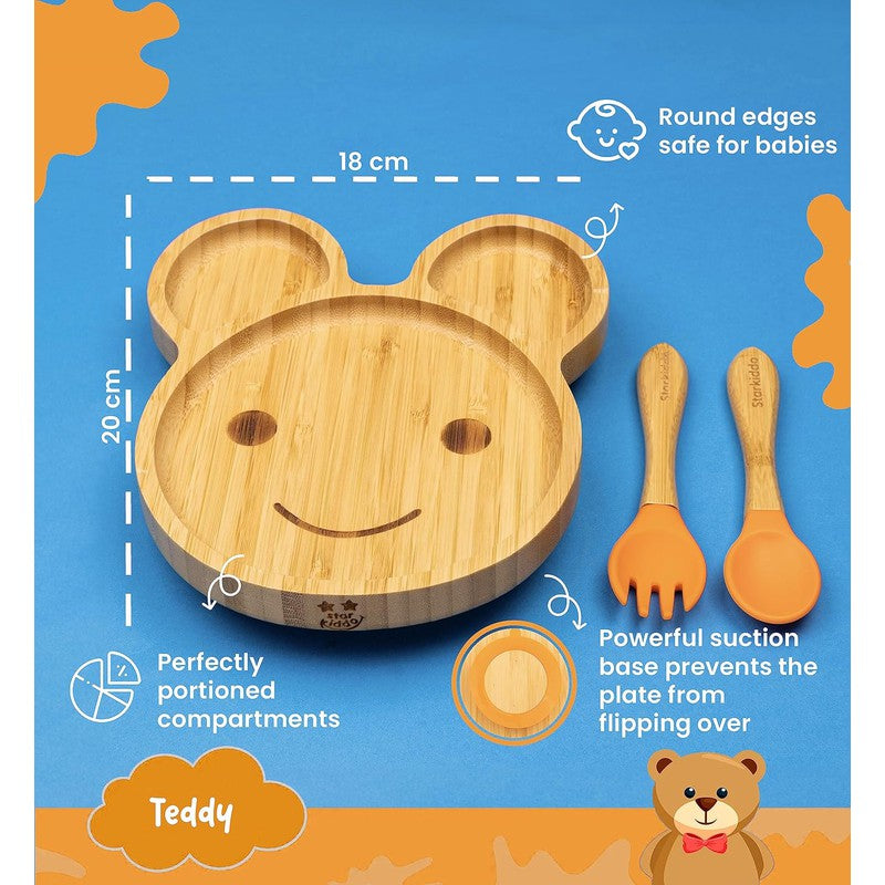 Teddy Bamboo Suction Plates for Baby and Toddler | Weaning Spoon & Fork | Orange