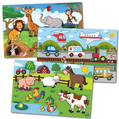 Wooden Jigsaw Puzzle for Kids | Transport , Farm animals, Wild animals | Board Toy for Pre-School (3 Puzzles Set)