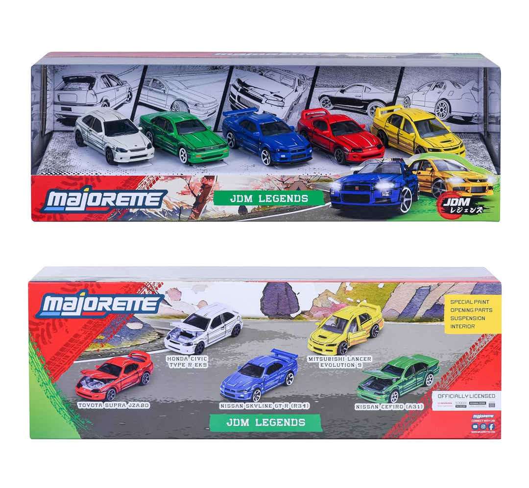 Set of 5 Licensed Majorette Diecast Cars (JDM Legends) - Honda Civic Type R EK9, Nissan Cefiro A31, Nissan Skyline GT-R R34, Toyota Supra JZA80, Mitsubishi Lancer Evolution 9