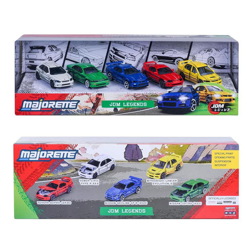 Set of 5 Licensed Majorette Diecast Cars (JDM Legends) - Honda Civic Type R EK9, Nissan Cefiro A31, Nissan Skyline GT-R R34, Toyota Supra JZA80, Mitsubishi Lancer Evolution 9