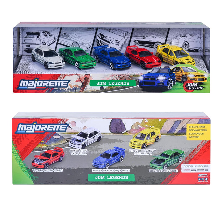 Set of 5 Licensed Majorette Diecast Cars (JDM Legends) - Honda Civic Type R EK9, Nissan Cefiro A31, Nissan Skyline GT-R R34, Toyota Supra JZA80, Mitsubishi Lancer Evolution 9