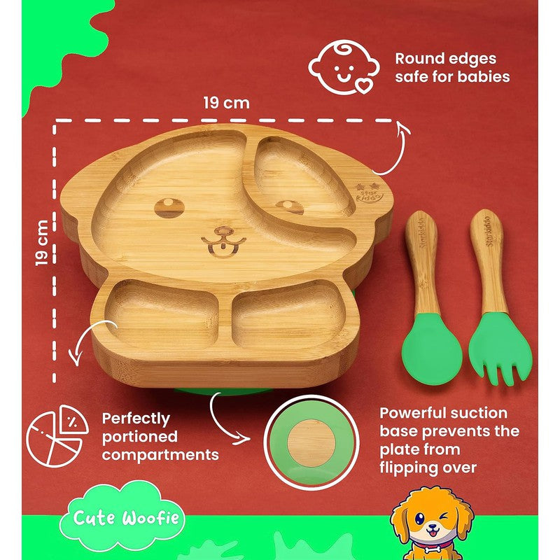 Woofie Baby Plate | Bamboo Suction Plates for Babies | Ideal for Baby-Led Weaning and Toddler Self-Feeding | Green