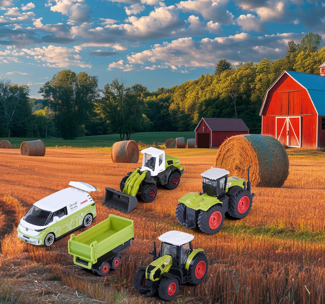Set of 5 Licensed Majorette Diecast Cars (Farm) - Claas Arion 660, Claas Xerion 5000, Claas Torion 956-537 Sinus, Volkswagen ID. Buzz, Farm trailer