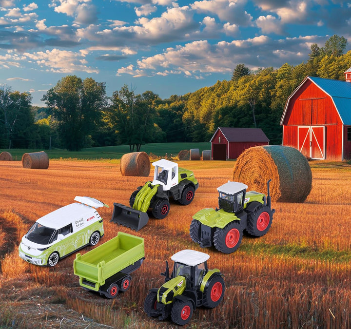 Set of 5 Licensed Majorette Diecast Cars (Farm) - Claas Arion 660, Claas Xerion 5000, Claas Torion 956-537 Sinus, Volkswagen ID. Buzz, Farm trailer