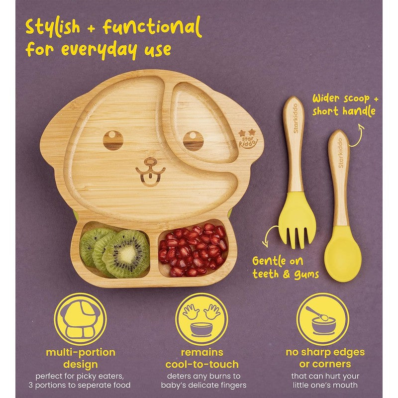 Woofie Baby Plate | Bamboo Suction Plates for Babies | Ideal for Baby-Led Weaning and Toddler Self-Feeding | Yellow