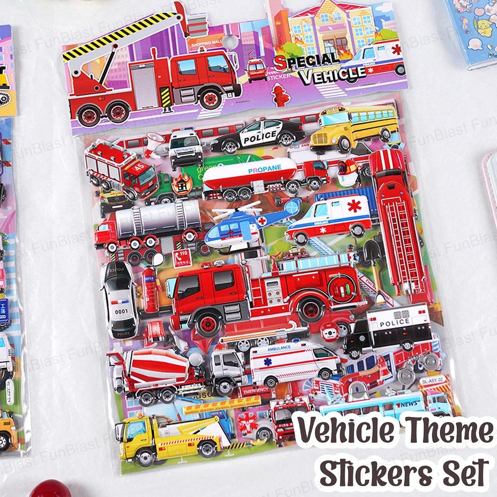 FunBlast Vehicle Theme 3D Puffy Stickers for Kids | Red Vehicle Kawaii Self-Adhesive Foam Stickers