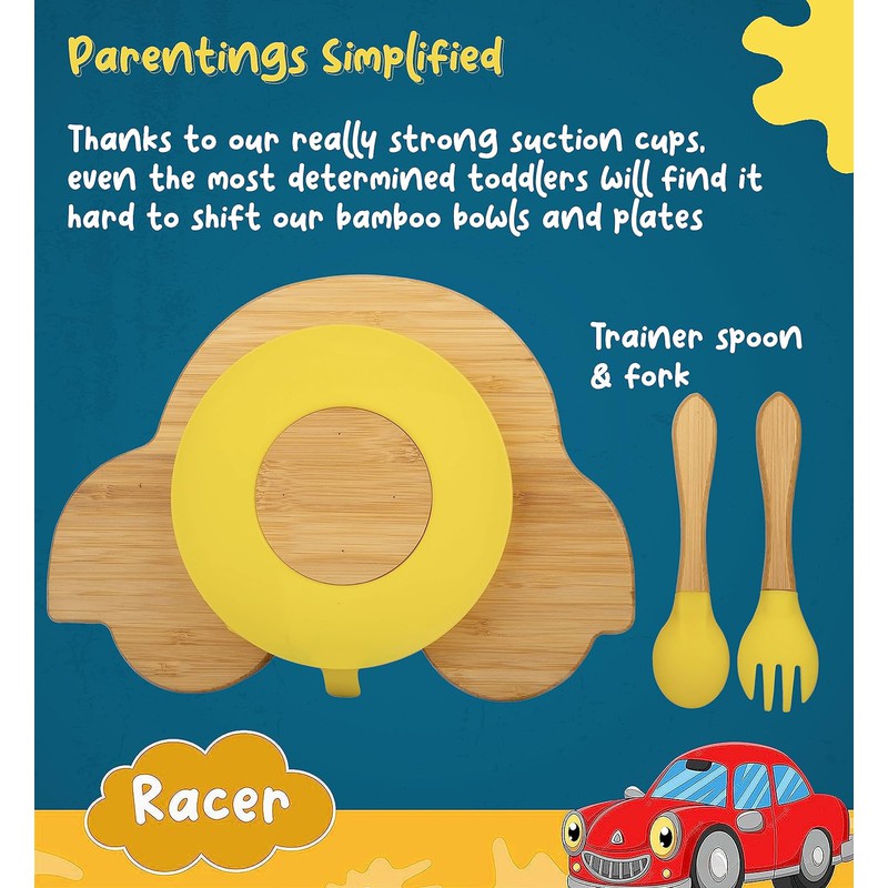 Racer Bamboo Suction Plates for Baby and Toddler | Weaning Spoon & Fork | Yellow