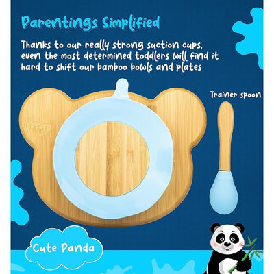 Adorable Panda Bamboo Suction Plates for Baby and Toddler | 3 Sections | Weaning Spoon | Blue