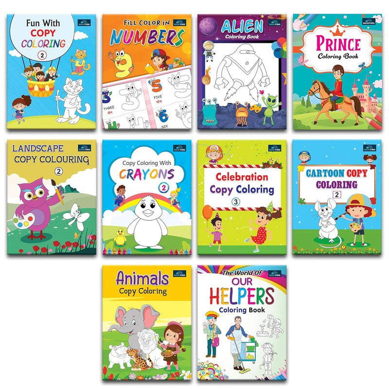 Copy Coloring Books For Kids ( Set Of 10 Books) - Numbers, Alien, Prince, Our Helpers And Many More