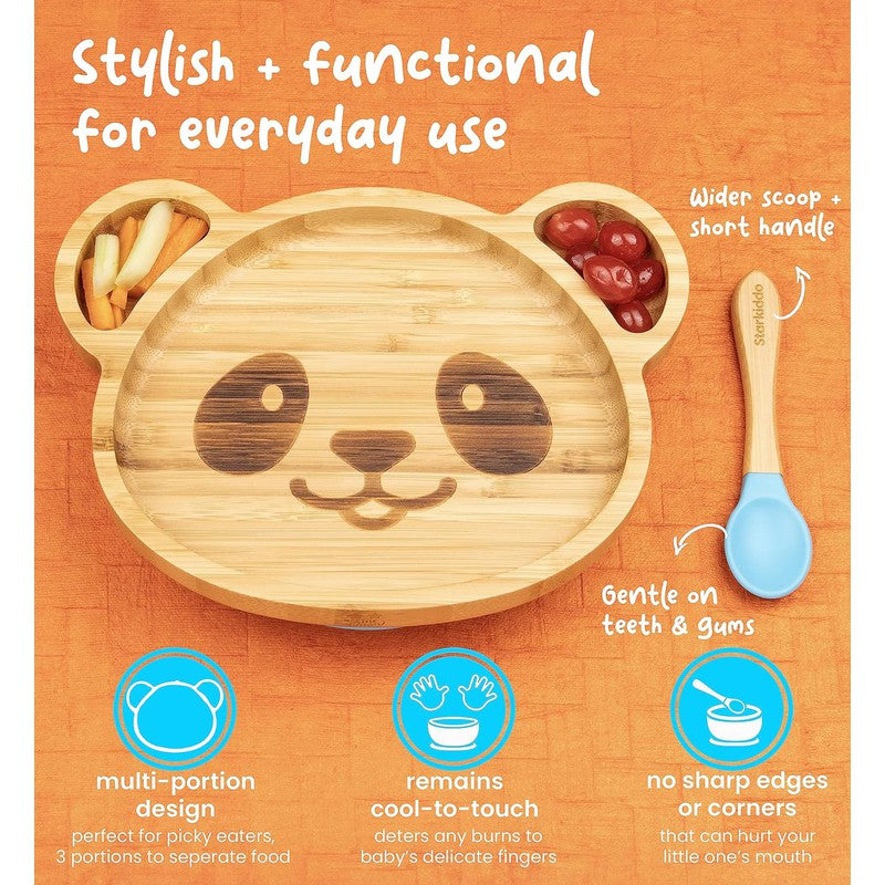 Adorable Panda Bamboo Suction Plates for Baby and Toddler | 3 Sections | Weaning Spoon | Blue