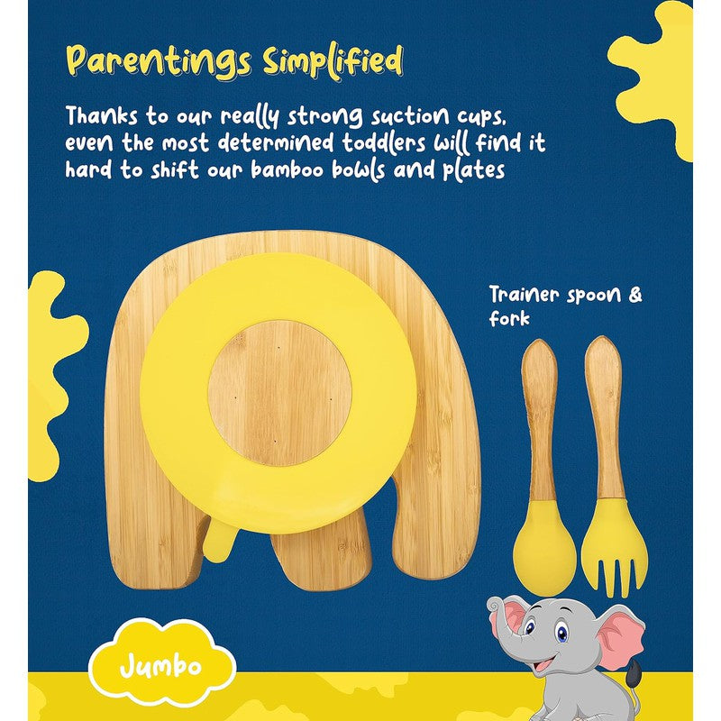 Jumbo Bamboo Suction Plates for Baby and Toddler | Weaning Spoon & Fork |Yellow