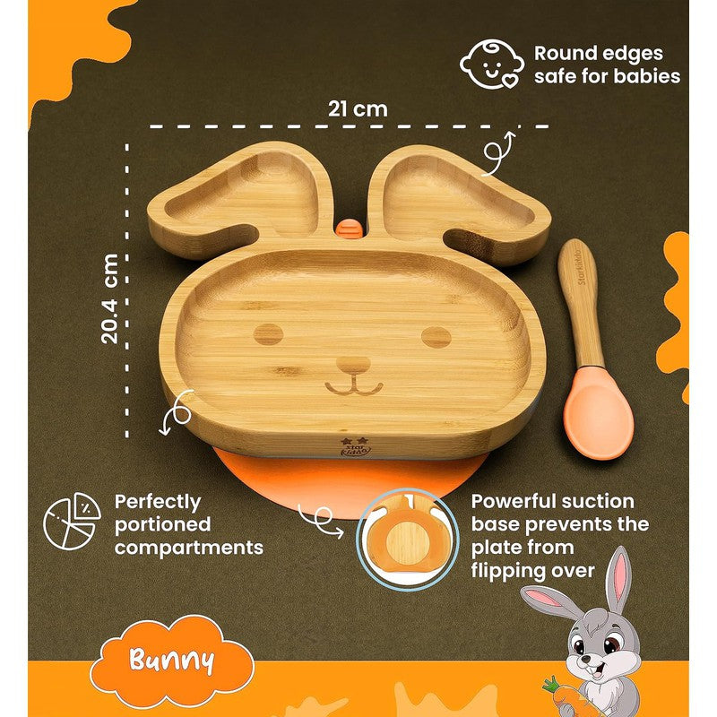 Bunny Bamboo Suction Plates for Baby and Toddler | 3 Sections | Weaning Spoon | Orange