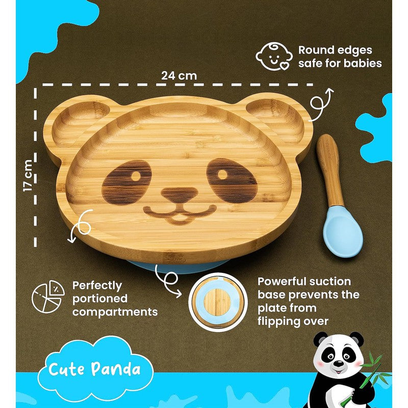 Adorable Panda Bamboo Suction Plates for Baby and Toddler | 3 Sections | Weaning Spoon | Blue