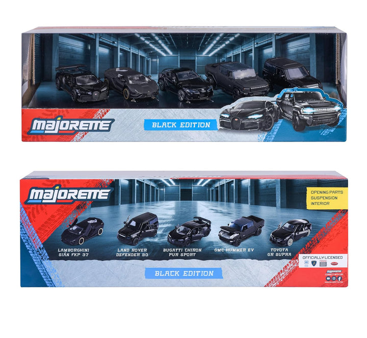 Set of 5 Licensed Majorette Diecast Cars (Black Edition) -  Bugatti Chiron Pur Sport, Lamborghini Sián FKP 37, Toyota GR Supra, Land Rover Defender 90, GMC Hummer EV