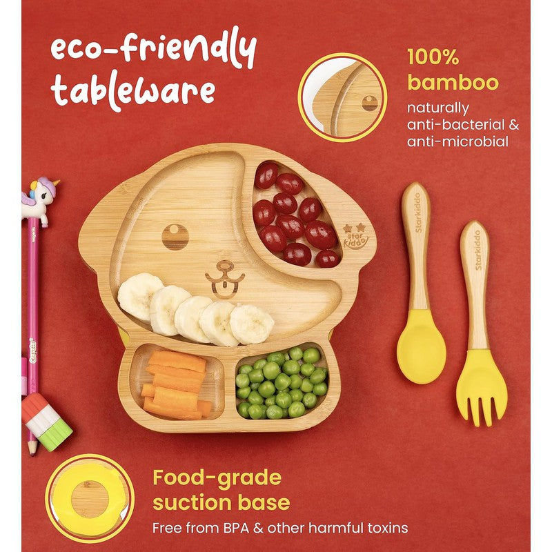 Woofie Baby Plate | Bamboo Suction Plates for Babies | Ideal for Baby-Led Weaning and Toddler Self-Feeding | Yellow