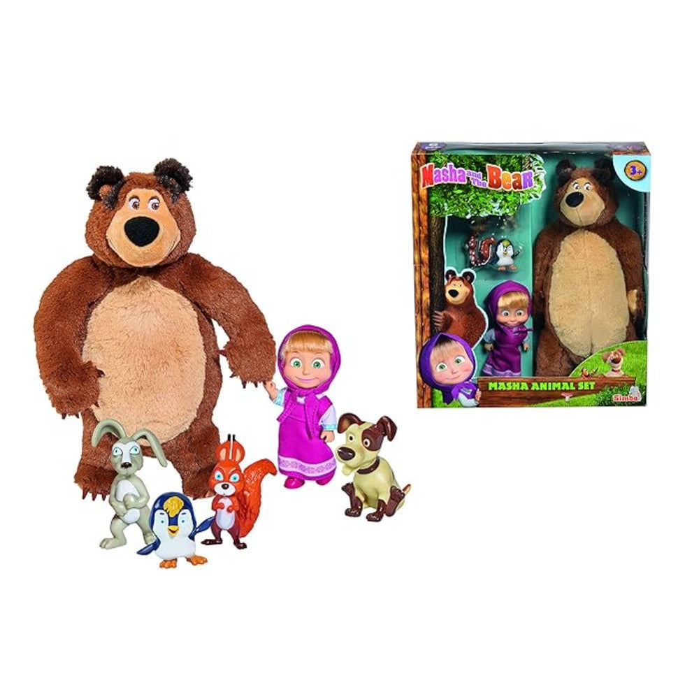 Licensed Masha and The Bear Plush Bear, Doll and Animals Playset