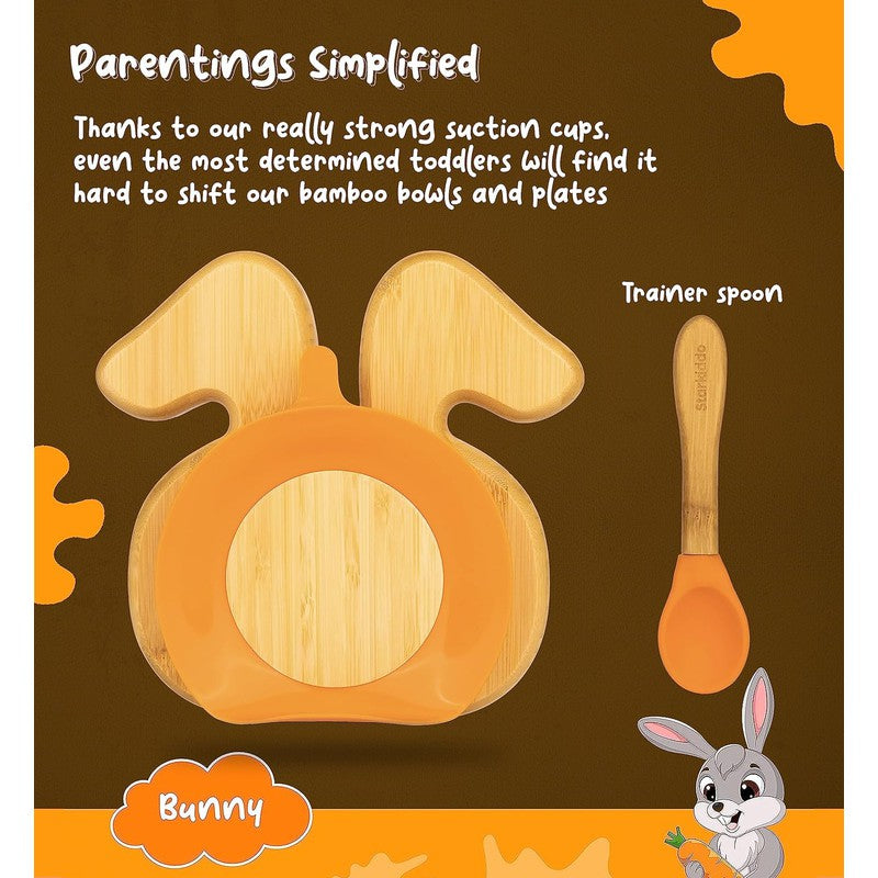 Bunny Bamboo Suction Plates for Baby and Toddler | 3 Sections | Weaning Spoon | Orange