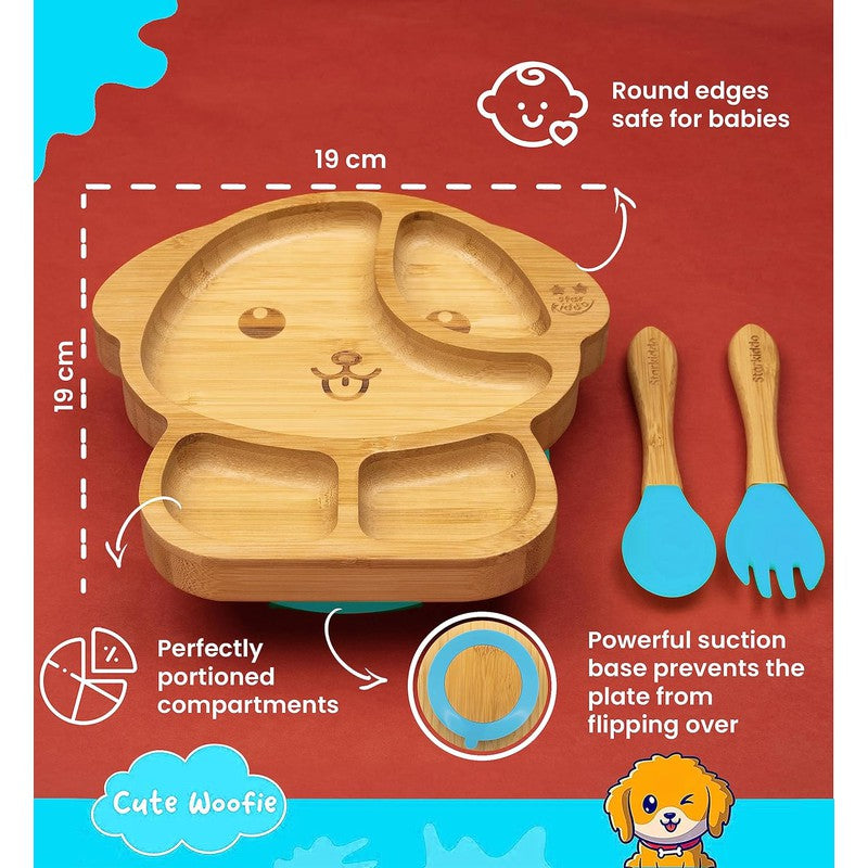 Woofie Baby Plate | Bamboo Suction Plates for Babies | Ideal for Baby-Led Weaning and Toddler Self-Feeding | Blue