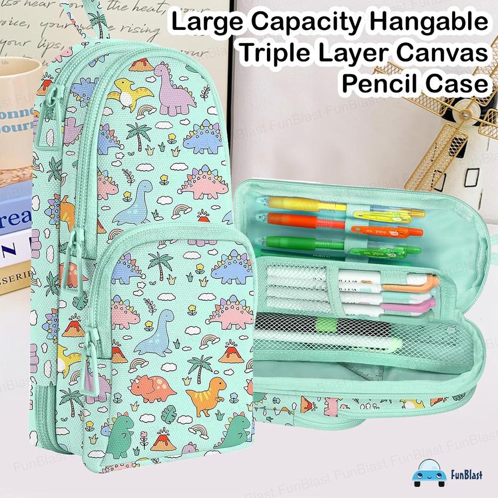FunBlast Dinosaur Pencil Case | Large Capacity 3-Layer Canvas Hangable Kawaii Pencil Pouch